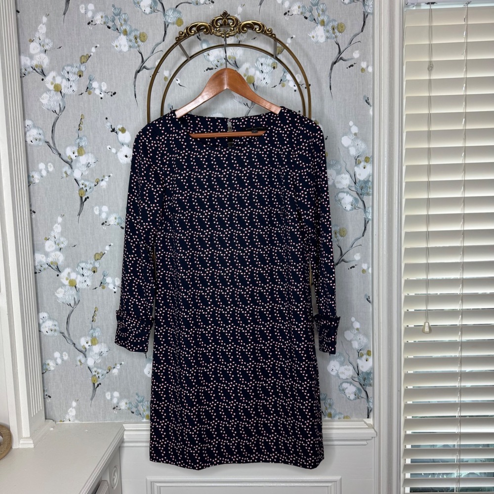 Banana Republic Navy Blue Red White Square Print Long Sleeve Shift Dress 0